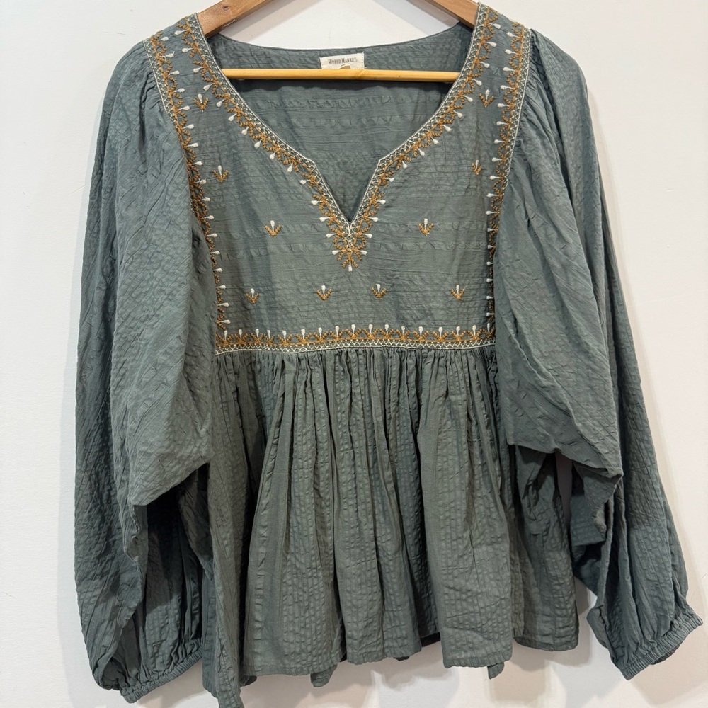 World Market Embroidered Floral Puff Sleeve Cotton Dark Green Fall Blouse Size M